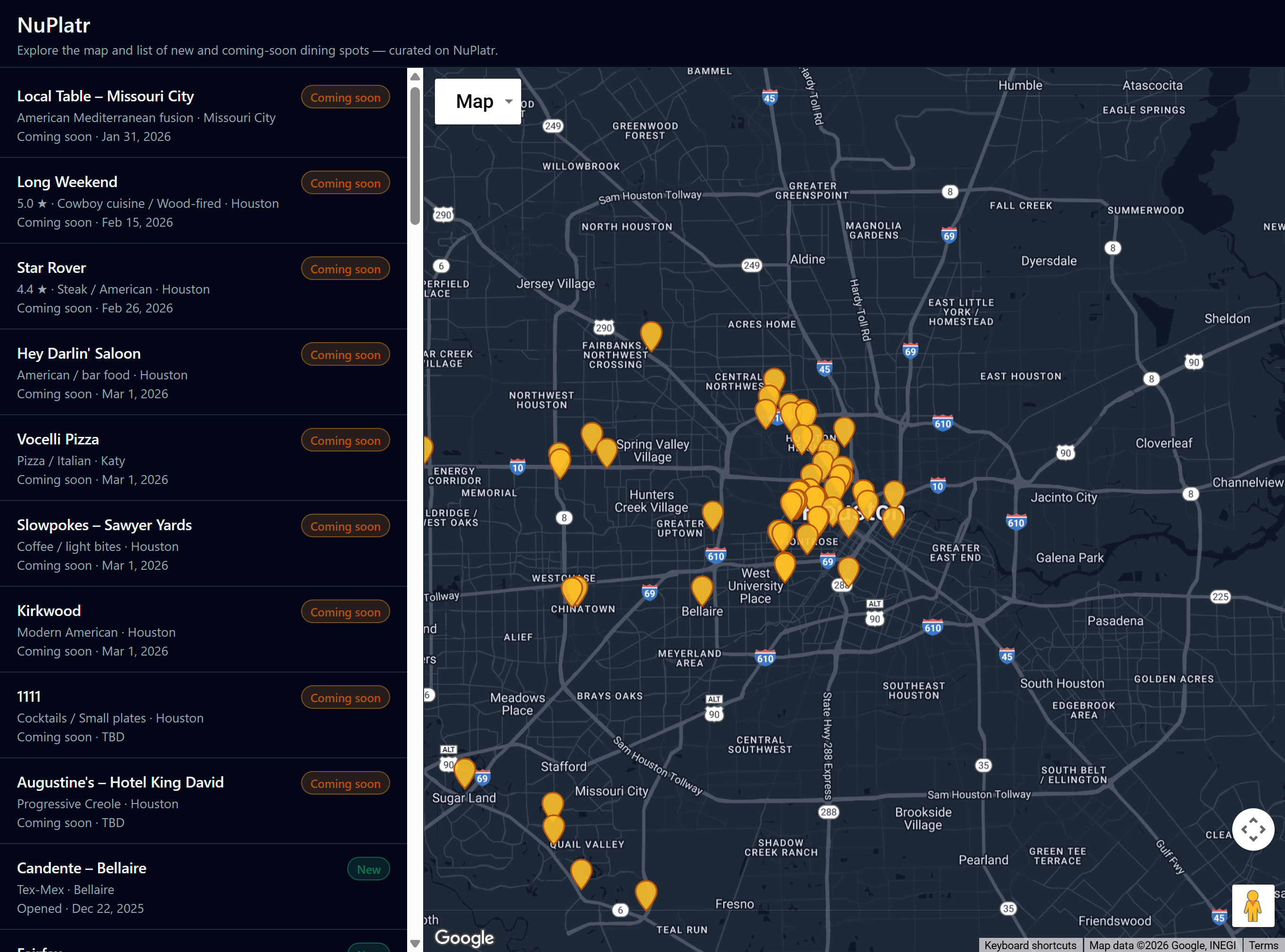 Map and list view of new and coming-soon restaurants and bars in Houston.